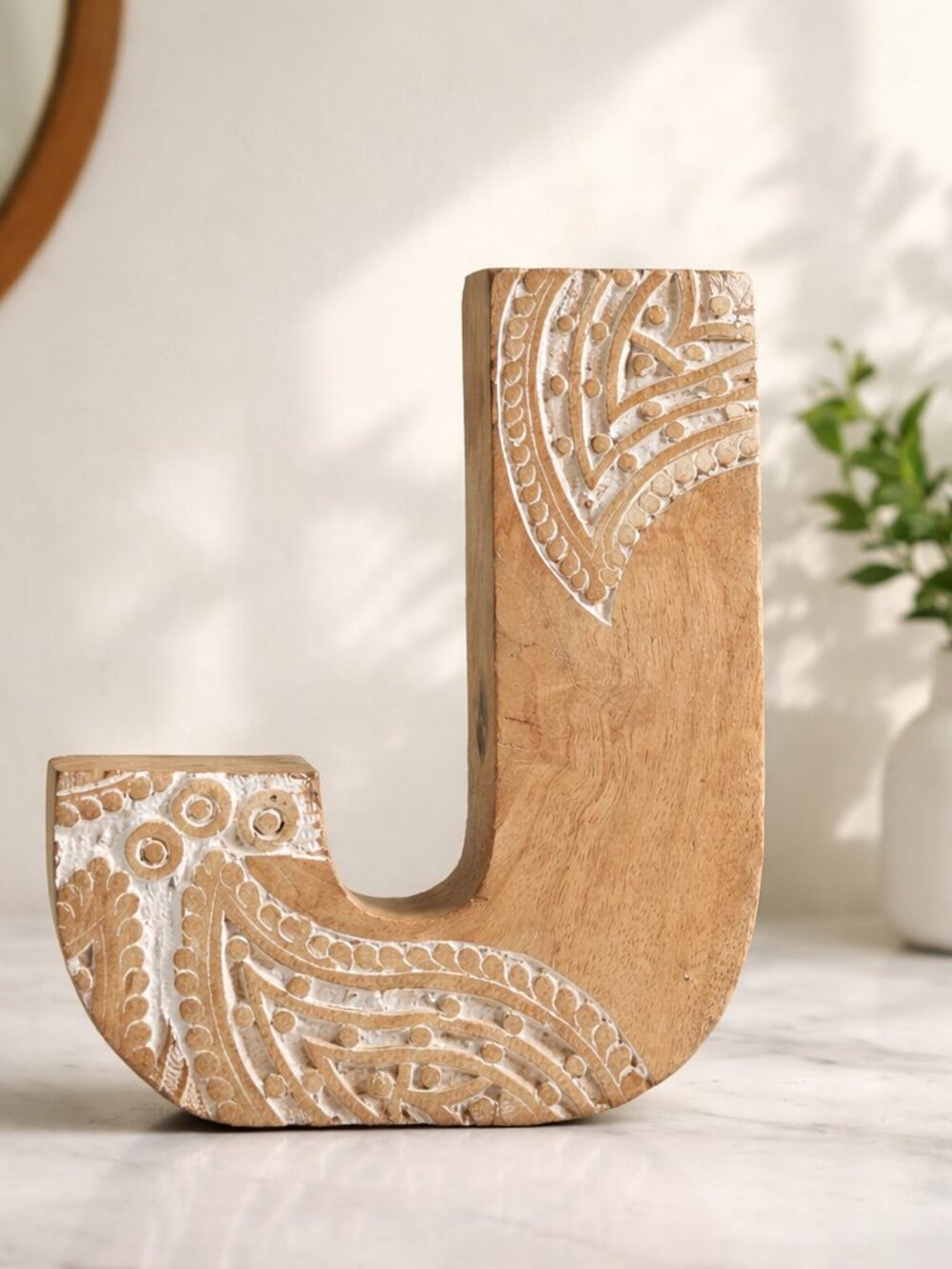 KENTON GREY WOODEN LETTER J HAND CARVED FROM ENCHANTING INDIA HOME DECOR